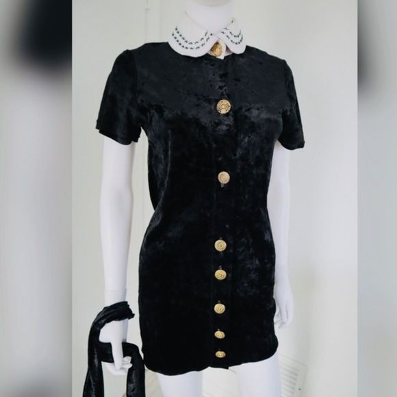 Handmade Black Witchy, Goth Velour Spandex Courtney Love Button Up Mini Dress S - Picture 3 of 9